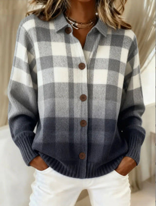 Gladys™ | Cardigan Boutonné Ombré Gris à Carreaux
