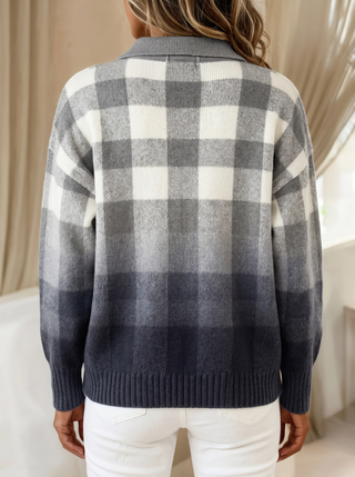Gladys™ | Cardigan Boutonné Ombré Gris à Carreaux
