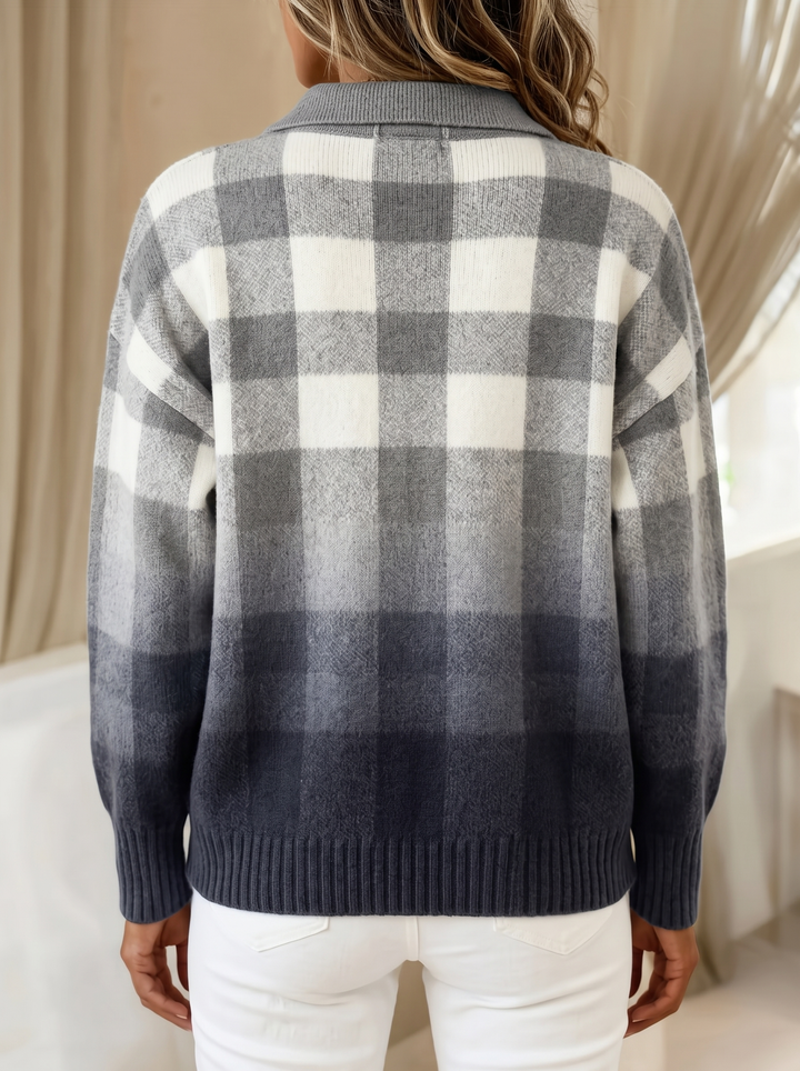 Gladys™ | Cardigan Boutonné Ombré Gris à Carreaux