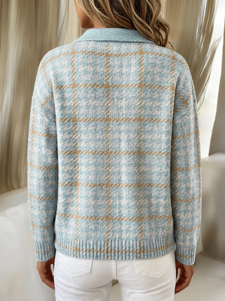 Nettie™ – Cardigan en Maille à Carreaux Bleu Ciel avec Boutons sur le Devant