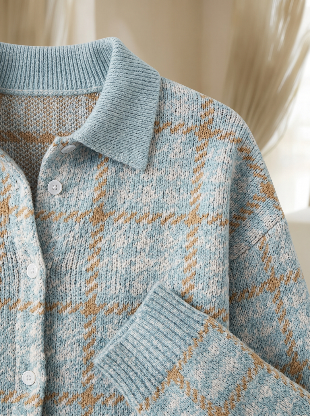 Nettie™ – Cardigan en Maille à Carreaux Bleu Ciel avec Boutons sur le Devant