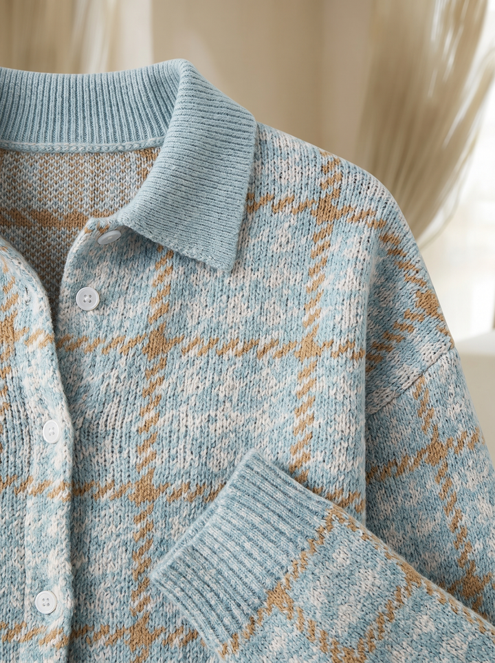 Nettie™ – Cardigan en Maille à Carreaux Bleu Ciel avec Boutons sur le Devant