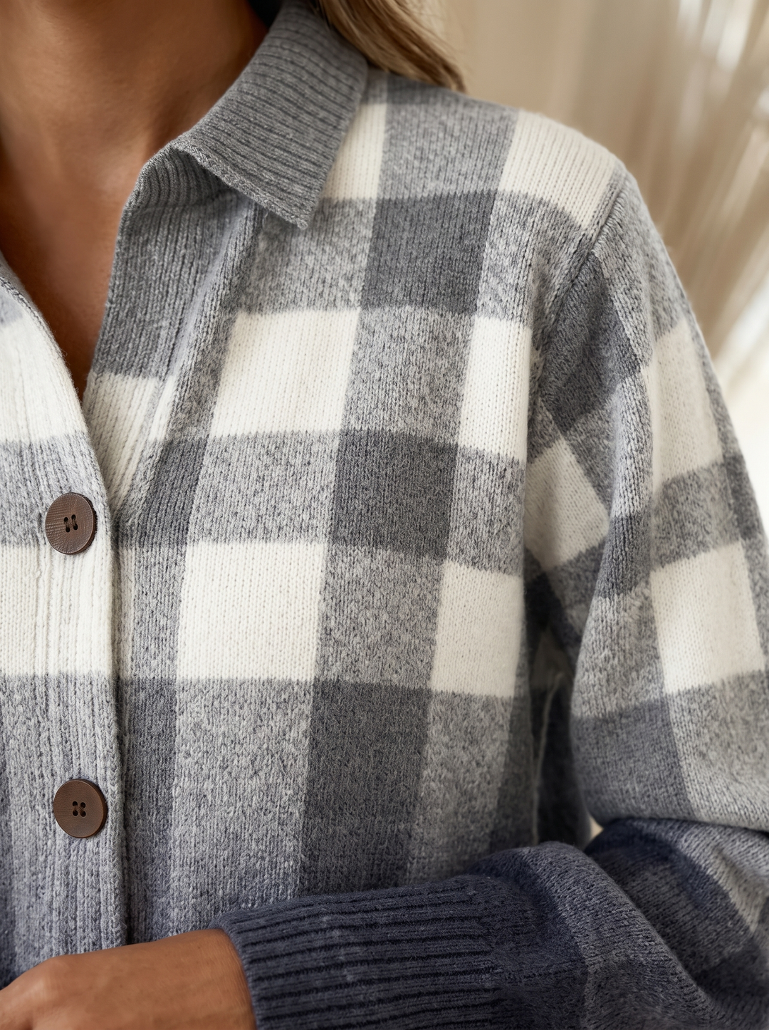 Gladys™ | Cardigan Boutonné Ombré Gris à Carreaux